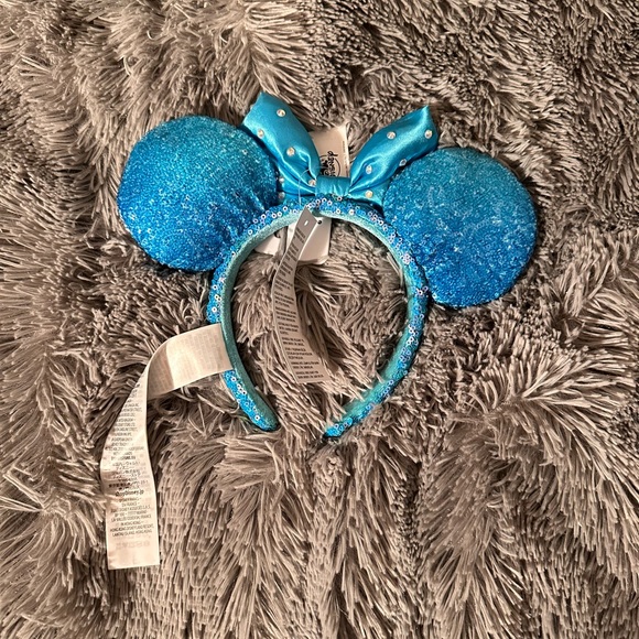 Disney Mickey Minnie Ears Aqua Blue Rhinestone Studded Satin Bow - Picture 2 of 6